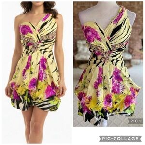 Riva Designs Dress Mini Satin XS Floral One Shoulder Yellow Multi Beaded Bubble